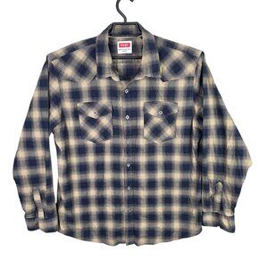 Mens Wrangler Beige & Blue Plaid Button Up Shirt Cotton Blend Stretch Size XL